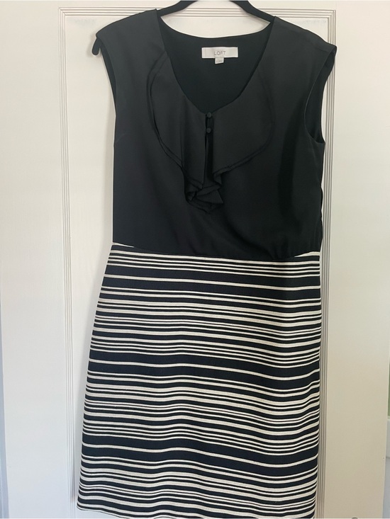 LOFT Dresses & Skirts - LOFT Black Bodice with Black & White Striped Midi Dress